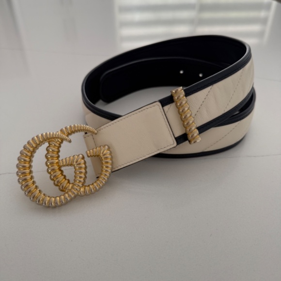Gucci White & Navy Double G Quilted Leather Belt 1.5" Wide Classic Style - Picture 1 of 11